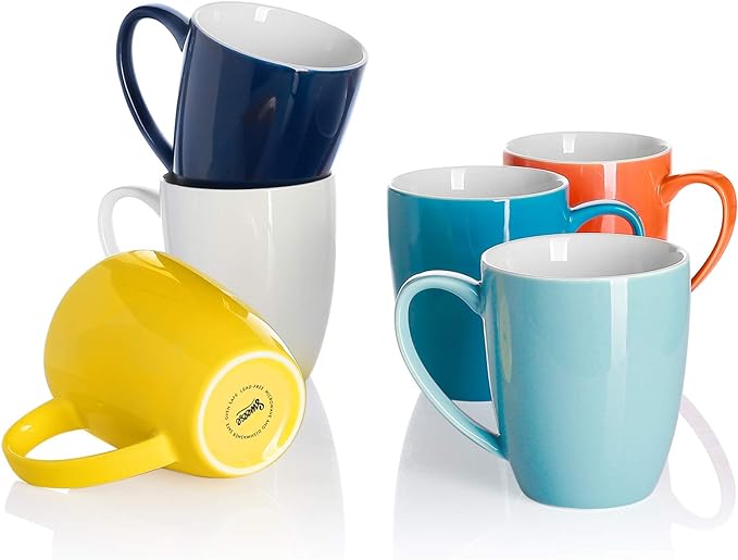 Sweese Porcelain Mugs - 12 Ounce for Coffee, Tea, Mocha and Mulled Drinks - Set of 6, Hot Assorted Colors