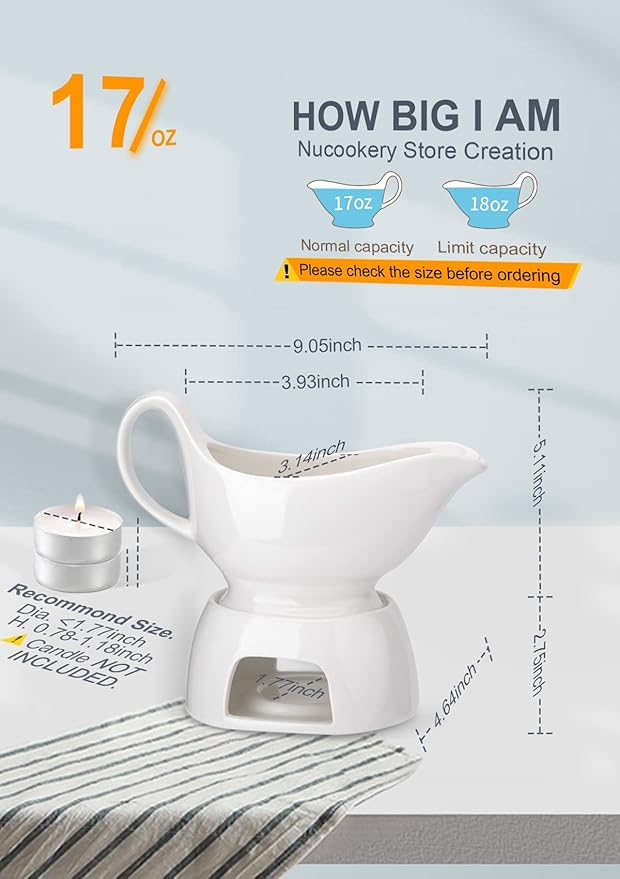 Nucookery Large Classic 17 Oz Gravy Boat with Warmer, White Fine Porcelain Saucier with Big Dripless Lip Spout, Bowl For Thanksgiving, Warming Sauces, Salad Dressings, Milk, Microwave & Freezer Safe