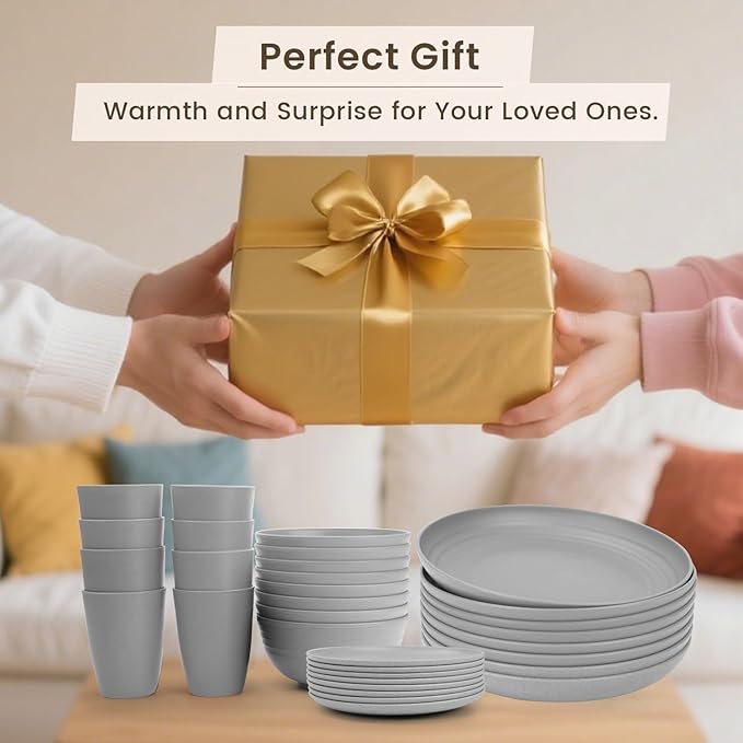 Homienly 32-Piece Kitchen Wheat Straw Dinnerware Set, Service for 8, Dinner Plates, Small Dessert Plate, Cereal Bowls, Cups, Unbreakable Outdoor Camping Dishes, Microwave and Dishwasher Safe-Grey