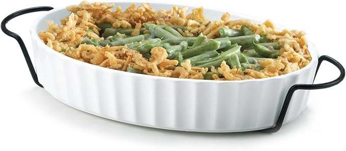 Oven to Table White Casserole Porcelain Baking Dish with Iron Rack, Nonstick Large Rectangular Meal Prep Cookware Dish, 1-Quart Baker Ovenproof Pan