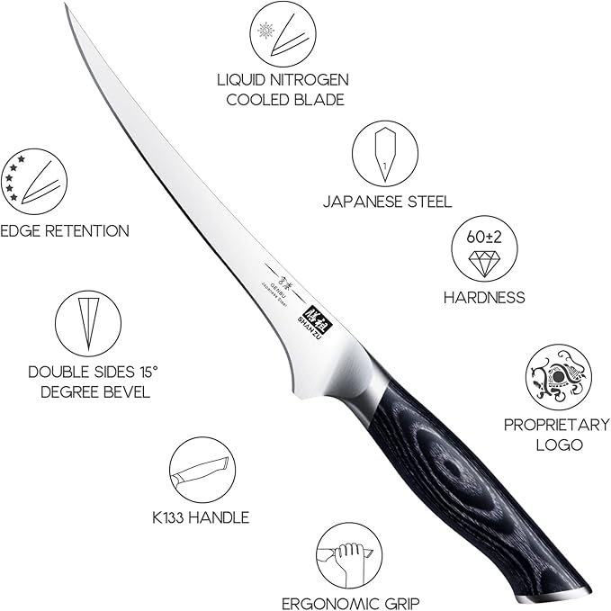 SHAN ZU 7 Inch Fillet Knife, Japanese Super Steel Boning Knife, Professional Ultra Sharp Fish knife with K133 Ergonomic Handle, Black Tortoise Genbu Series