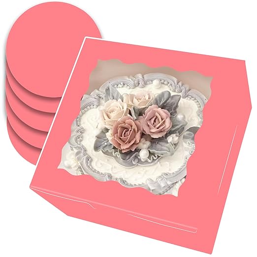 qiqee 8x8x5 Cake Box, 18 Sets Coral Orange Cake Box with Window & 18 Sets 8" Coral Orange Cake Round Boards, 8inch Cake Containers