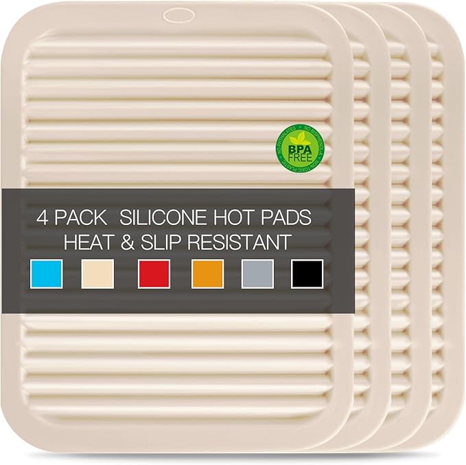 QPIX DIGITAL 4 Pack Silicone Trivets for Hot Dishes, Large & Heat Resistant Silicone Pot Holder Hot Pads for Kitchen, 9x12 Beige Silicone Trivet Mat for Hot Pots and Pans, Jar Opener, Drying Mat