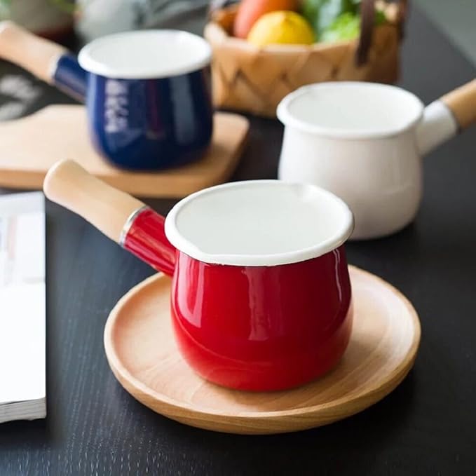 Mini Enamel Milk Pot 4 Inch 17 Oz Dual spout with Wooden Handle, Small Sauce Pan Perfect Size for Heating Smaller Liquid Portions (Red)