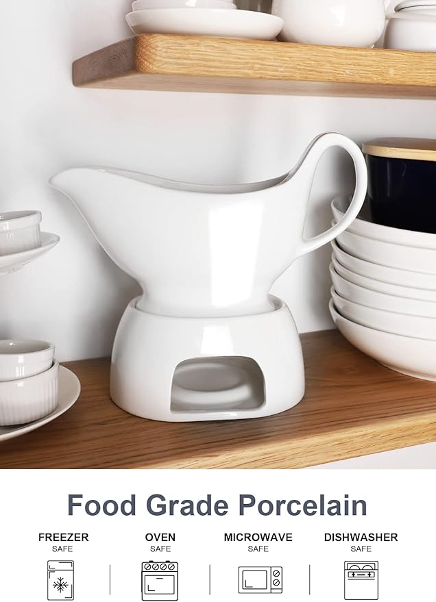 Nucookery Large Classic 17 Oz Gravy Boat with Warmer, White Fine Porcelain Saucier with Big Dripless Lip Spout, Bowl For Thanksgiving, Warming Sauces, Salad Dressings, Milk, Microwave & Freezer Safe