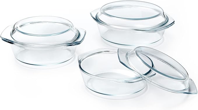 ZYER Round Glass Casserole Dish Set, Glass Casseroles with Lid (Set of 3-1L, 1.4L, 1.7L)