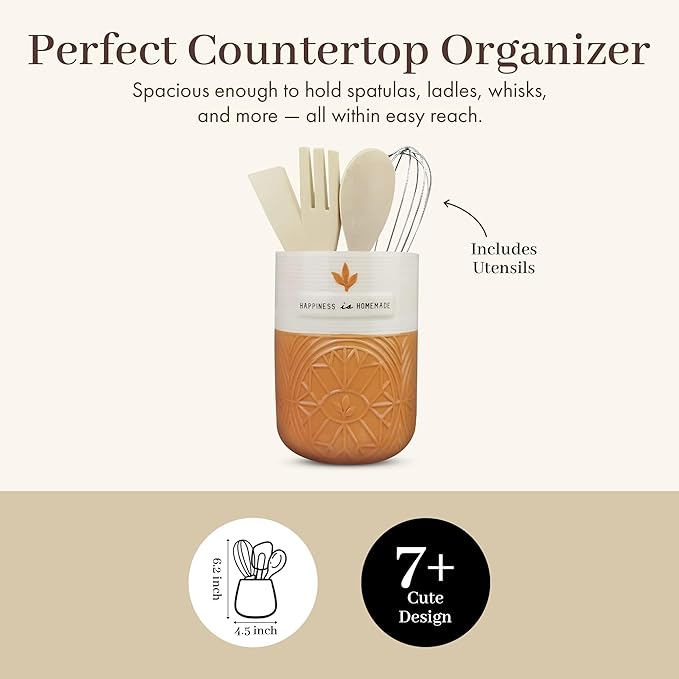 Young's Inc Modern Design Tool Holder with Wood Kitchen Tools, Ceramic Utensil Holder for Kitchen Counter, Cooking Spoon & Spatula Holder for Counter with Utensils, 6-inch Height