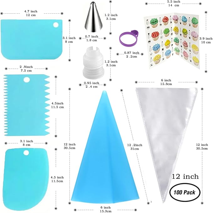 Piping Bags and Tips Set, 100PCS 12 Inch Disposable Pastry Bags with Tips Cupcake Frosting Piping Kit Cookie Decorating Supplies, Royal Icing Bags and Tips Set for Cake Decorating Baking Tools