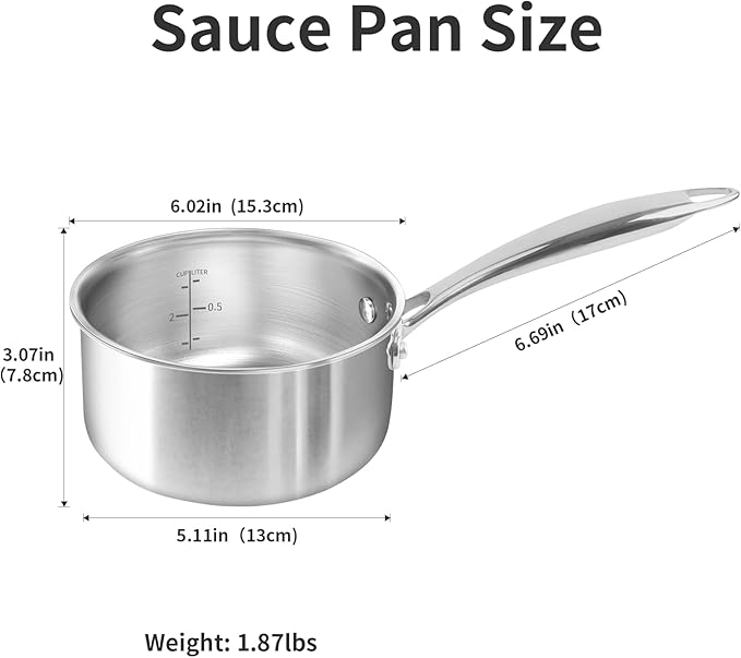 Macevia Sauce Pan with Glass Lid, 18/10 Stainless Steel Pot with Stay-Cool Handle, For All Stoves Multipurpose Use for Home Kitchen or Restaurant(1 Quart)- Silver