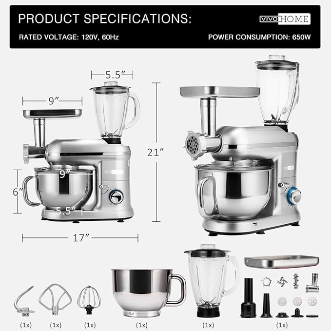 VIVOHOME 3 in 1 Multifunctional Stand Mixer with 6 Quart Stainless Steel Bowl, 650W 6 Speed Tilt-Head Meat Grinder, Juice Blender, Silver