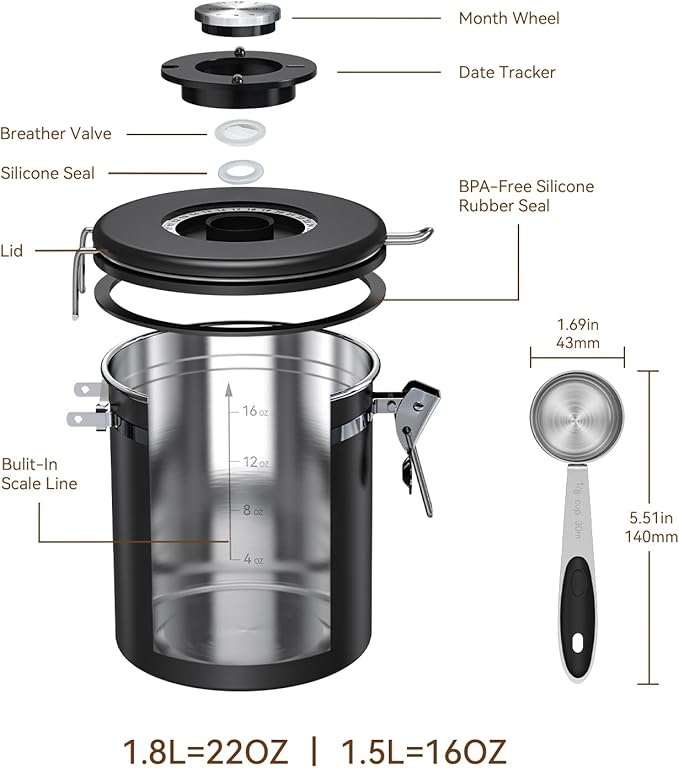 Coffee Canister With Window,22oz Stainless Steel Airtight Coffee Bean Storage Grounds Container with Date Tracker and Scoop,Grounds Kitchen Food Canister Jar for Beans,Tea,Sugar,Flour,Cereal