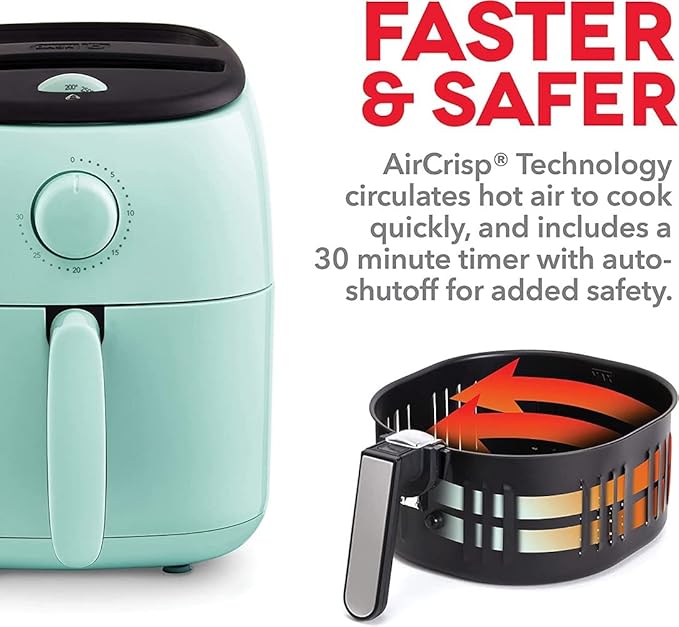 DASH Tasti-Crisp™ Electric Air Fryer Oven, 2.6 Qt., Aqua – Compact Air Fryer for Healthier Food in Minutes, Ideal for Small Spaces - Auto Shut Off, Analog, 1000-Watt