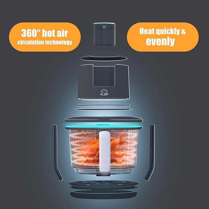 X&E 6-in-1 Glass Air Fryer,5QT Large Capacity, Up to 400°F High Heat,Food-Grade Borosilicate Glass,Easy-Clean Nonstick Basket, Smart Timer & Presets,Healthier, Less Oil Cooking