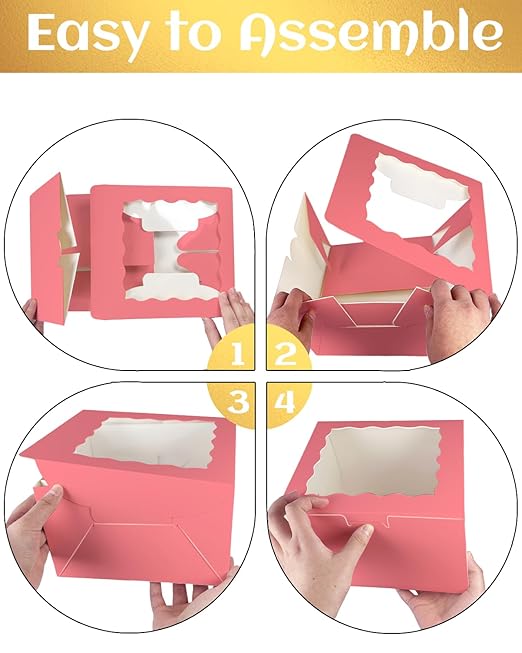 qiqee 8x8x5 Cake Box, 18 Sets Coral Orange Cake Box with Window & 18 Sets 8" Coral Orange Cake Round Boards, 8inch Cake Containers