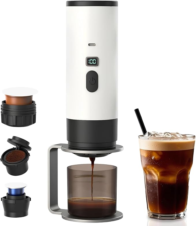 Portable Espresso Coffee Maker for Travel, Mini Camping Espresso Machine, Car Self-Heating Coffee Makers with USB-C, Compatible with Ground Coffee & NS Capsules for RV/Office/Hiking