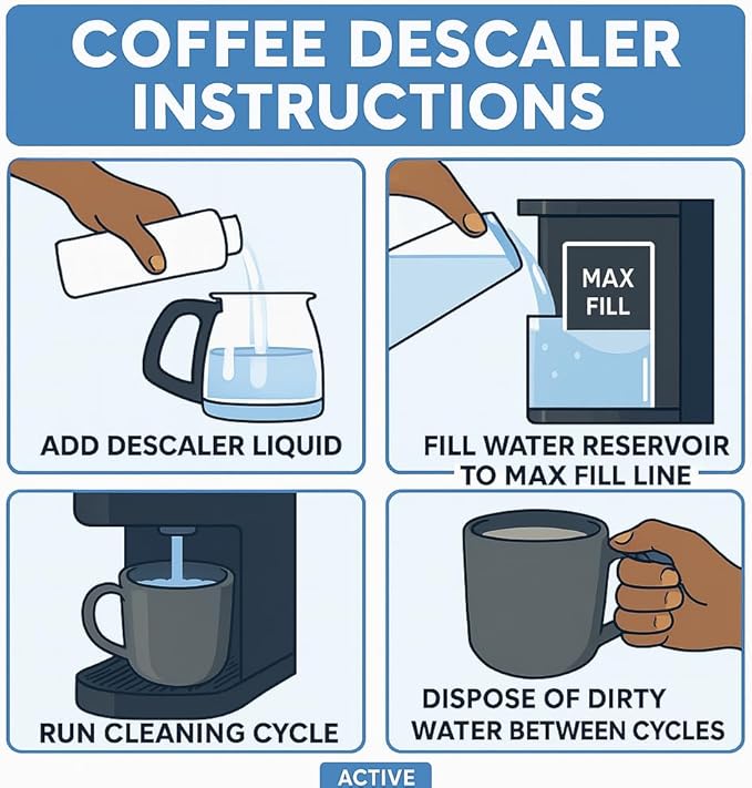 ACTIVE Coffee Machine Descaler Descaling Solution - 32oz (8 Uses) Compatible with Keurig,Nespresso,Breville,Delonghi, Jura, Ninja - Espresso Coffee Maker Cleaner,Coffee Pot Cleaning Limescale Remover