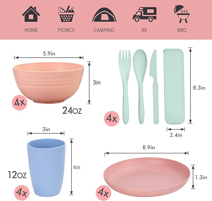 Wheat Straw Dinnerware Sets for 4, Wheat Straw Plates and Bowls Sets Kitchen Dishes 28pcs College Dorm Room Essentials Cutlery Set Microwave Safe (Colorful)