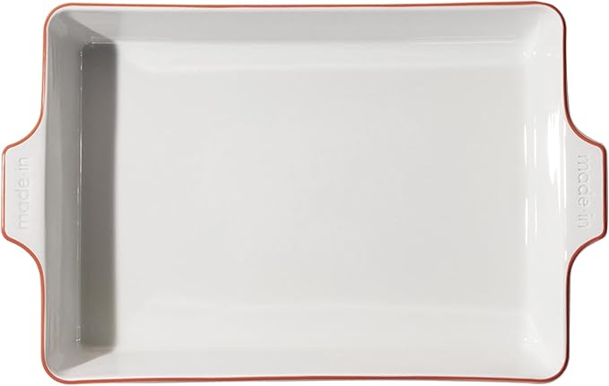 Made In Cookware - Rectangular Baking Dish - Red Rim - Hand Crafted Porcelain - Professional Bakeware - Made in France