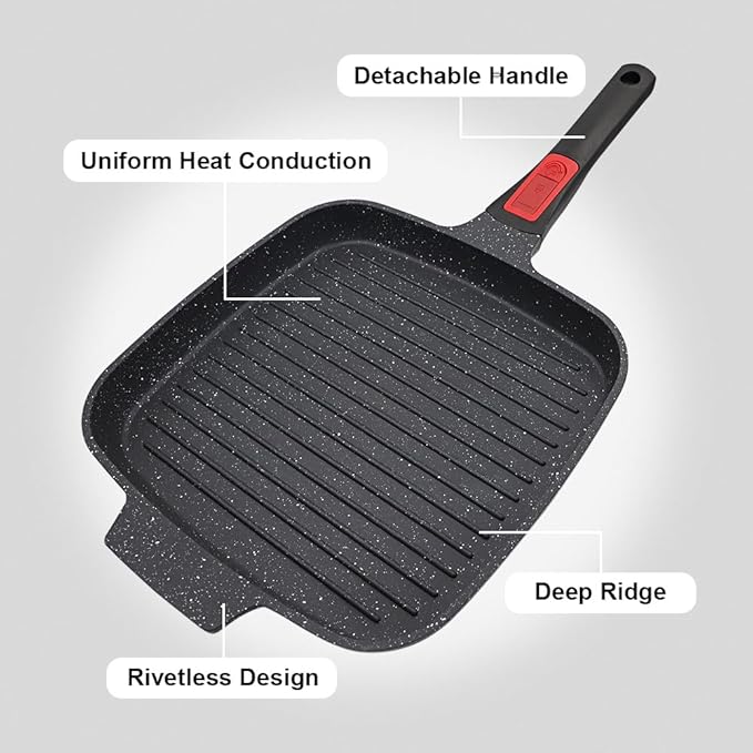 Griddle Pan with Detachable Handle, 10 Inch Cast Aluminium Non Stick Steak Pan for Induction Hob, Black