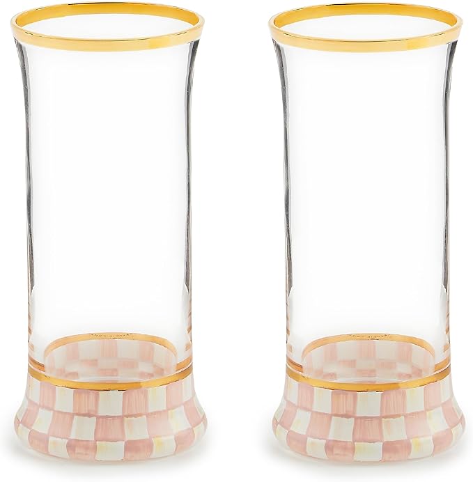 MACKENZIE-CHILDS Highball Glasses, Tall Drinking Glasses with Gold Rims, 15 Ounces, Set of 2, Pink-and-White Rosy Check