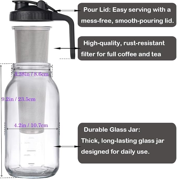 64 oz (2 Quart), Black Cold Brew Coffee Maker, Iced Tea Machines, Thick Glass with Pour Spout Handle Lid, Stainless Steel Filter for Iced Coffee, Fruit Drinks or Sun Tea (1)