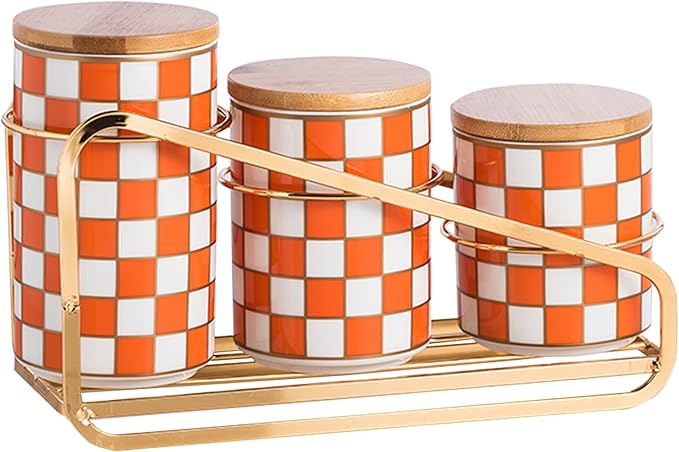 Kitchen countertop ceramic grid pattern airtight jar set - a set of 3 kitchen jars with layered shelves, sealed countertop flour and sugar containers, coffee and tea storage (Orange)