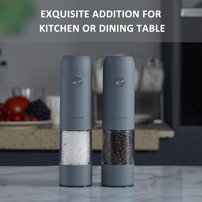 Electric Salt and Pepper Grinder Set with USB Rechargeable, Automatic One Hand Operation with Adjustable Coarseness, Pepper Mill Grinder Refillable with LED Light (2 Packs, Blue-Grey)