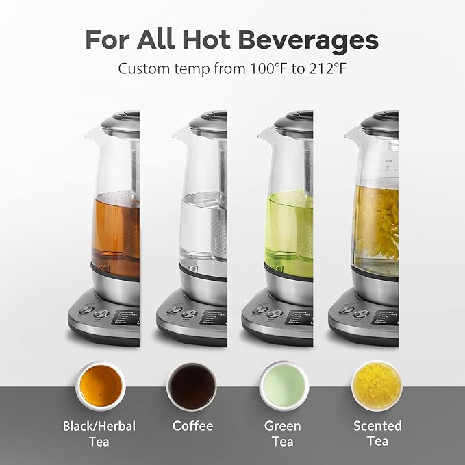 Mecity Electric Tea Kettle Borosilicate Glass Tea Maker With Temperature Control and Infuser - LCD Display and Preset Brewing Programs - 1.7 Liter Water Boiler