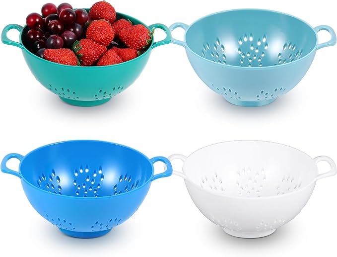 Baderke 4 Pack Mini Colander for Kitchen Plastic Berry Strainer with Double Handles 7.5 x 6 x 3 Inch Small Colander Strainer for Fruits Vegetables Food(Light Blue, Army Green, White, Blue)