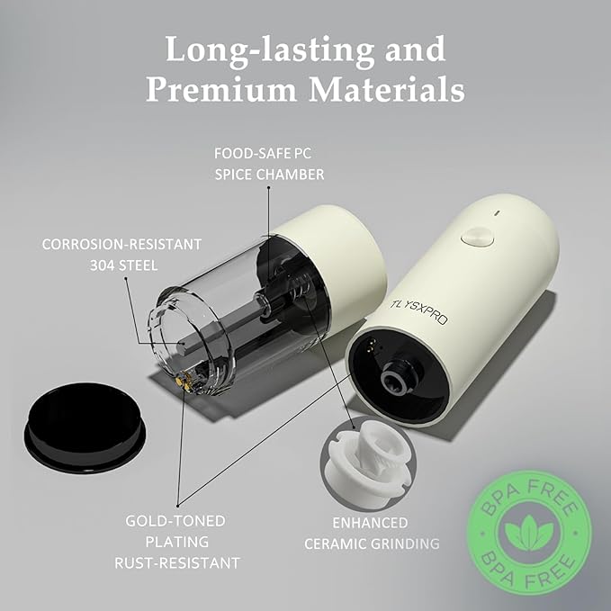 Electric Salt and Pepper Grinder Set, USB Rechargeable, Automatic Salt and Pepper Mill Grinder with Adjustable Coarseness, Electric Salt Shakers, LED Light, Refillable (2 Packs, Buttercream)