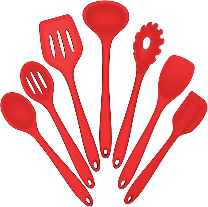 Silicone Cooking Utensils Set, E-far 7-Piece Red Heat Resistant Kitchen Utensils Set, Kitchen Nonstick Tools Spatula Ladle Spoon Pasta Server for Non-stick Cookware, Non-Toxic & Dishwasher safe