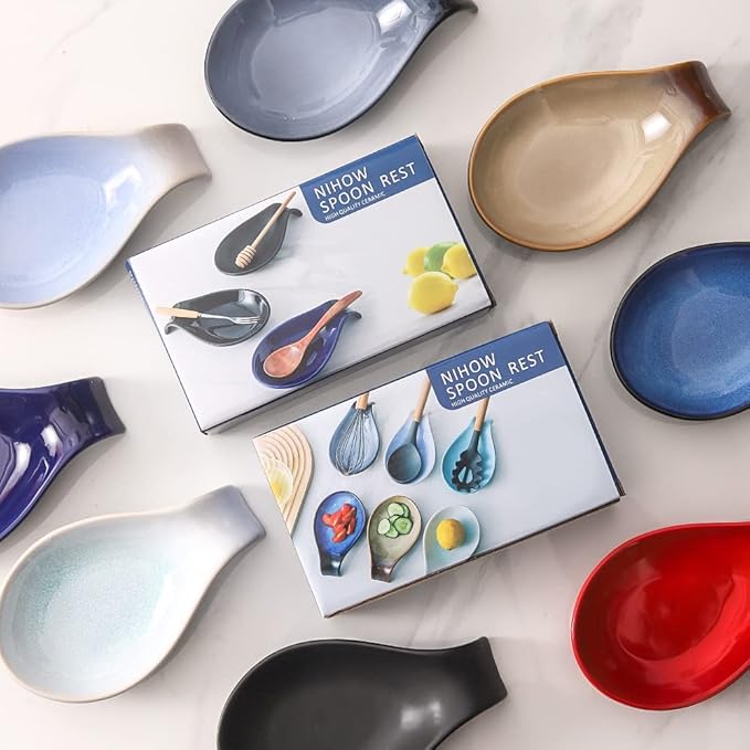 Nihow Ceramic Spoon Rest: 4 Inch Stable Utensil Rest - Heat Resistant Spoon Holder for Kitchen counter/Countertop/Stove Top - Dishwasher Safe - Elegant Blue (1 PC)