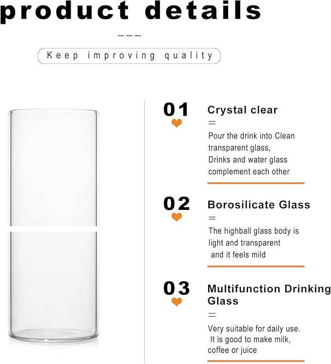 LUXU Drinking Glasses 15.5 oz, Thin Highball Glasses Set of 4,Elegant Bar Glassware For Water, Juice, Beer, Drinks, and Cocktails and Mixed Drinks,Lead-Free Pint Glasses,Glass Drink Tumblers