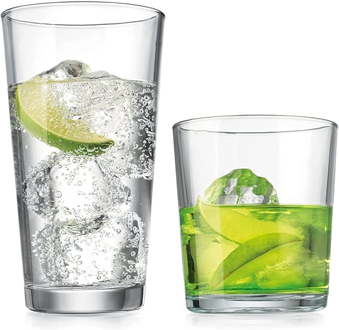 Glaver's Drinking Glasses Set of 12. Glassware set, 6 Highball Glass Cups, 6 Whiskey glasses.17 oz Tall Glass Set and 13 oz Rock Glasses. Classic Drinkware Set