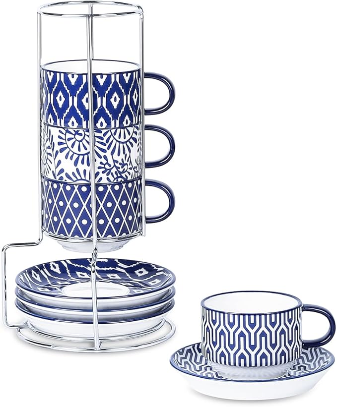 Selamica Ceramic Espresso Cups with Saucers and Metal Stand, 4 OZ Stackable Cappuccino Cups, Demitasse Cups for Latte Coffee Café Mocha Tea, Set of 4, Vintage Blue