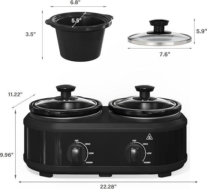 Double Slow Cooker, 2 x 1.25 QT Portable Small Dual Crock Cooker, Buffet Servers and Warmers Dishwasher Safe, Removable Ceramic Pot Glass Lid, Stainless Steel Red