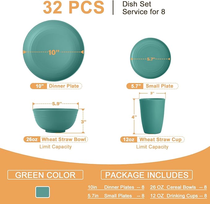 Homienly Wheat Straw Dinnerware Sets, Plates and Bowls Sets, 32-Piece Dish Set for 8, Service for 8, Unbreakable LIghtweight Dinnerware Set for Camping, Outdoor, RV, Microwave & Dishwasher Safe- Green