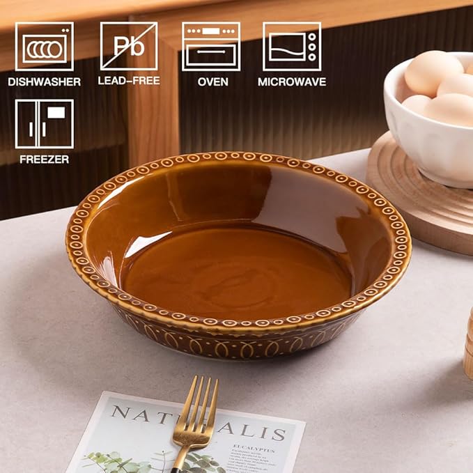 Sweejar Ceramic Pie Pan for Baking,Round Baking Dish Pan for Dinner 10 Inches, Pie Dish Non-Stick Pie Plate for Quiche,Tart,Cake,Pumpkin Pie, Pot Pies (Brown)