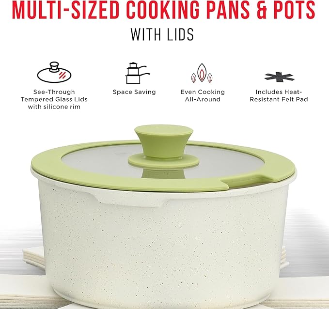 Pots and Pans Set Non Stick Ceramic-Granite – 14-Piece Cookware with Detachable Handles, Stackable Space-Saving, Dishwasher Safe, Stain-resistant, Oven & All-Stove Safe, Tempered Glass Lids, Green