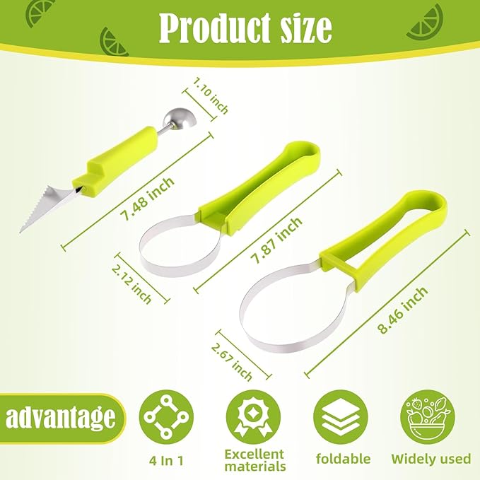 Suuker Melon Baller Scoop Set,4 In 1 fruit cutters shapes, watermelon scooper fruit scooper and baller, fruit carving tools(Green)