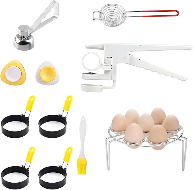 11 Pcs egg peeler tools for hard boiled eggs and Frying Eggs, Cooked eggs and a shell remover kit with 4 Egg Rings, 2 Egg Piercers, 1 Egg Cracker, 1 Egg Cutter, 1 Egg Separator, 1 Egg Steaming Rack.