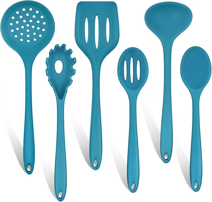 TeamFar Silicone Cooking Utensils Set of 6, Kitchen Utensils Set, Includes Ladle Slotted Turner for Non-stick Cookware, Healthy & One-Piece, Non-Scratch & Heat Resistant, Dishwasher Safe, Dark Blue