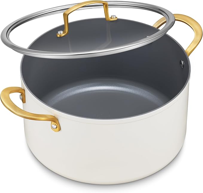 BEZIA 6 Quart Stock Pot with Lid,Ceramic Nonstick Cooking Pot,Soup Pot with Stainless Steel Handle, Tempered Glass Lid, Induction Compatible for Pasta, Soup, Spaghetti,Dishwasher Safe, Cream