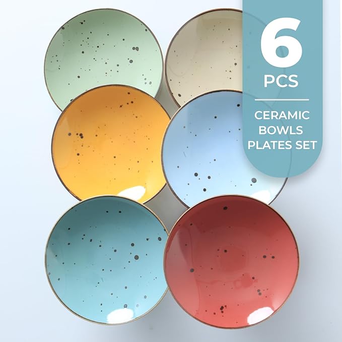 8.1 Inch Serving Bowls - Set of 6 | 16 Oz Large Pasta Salad Bowls, Microwave/Oven Safe, Wide Shallow Porcelain Bowls for Party, Dinner, Entertaining, Stackable - Vivid Assorted Colors