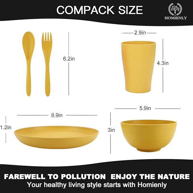 Homienly Wheat Straw Dinnerware Sets, 20pcs Unbreakable Microwave Dishwasher Safe Tableware Lightweight Bowls, Cups, Plates Set Reusable Dinner Plates Bowls set (Yellow)