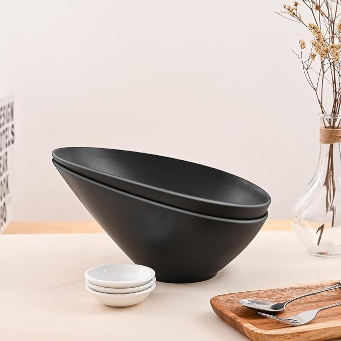 Bamboo Fiber Salad Bowls, 2 Packs Serving Black, Compostable 33 Ounce Elegant Black Angled Bowls for Salad, Pasta, Soup, Prep, Ideal for Home and Restaurant