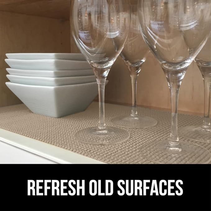 GORILLA GRIP powerGRIP Drawer Shelf and Cabinet Liner, Thick Strong Hold, Non-Adhesive Liners Protect Kitchen Cabinets and Cupboard, Bathroom Drawers, Easy Install, Breathable Mat, 20" x10', Beige