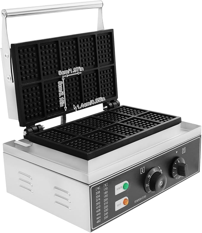1550W Commercial Waffle Maker, 10 Grids Electric Square Waffle Maker Non-Stick Stainless Steel Belgian Waffle Iron w/Time & Temper Adjustable| Temper Comparison Table, Large Waffle Machine Restaurant