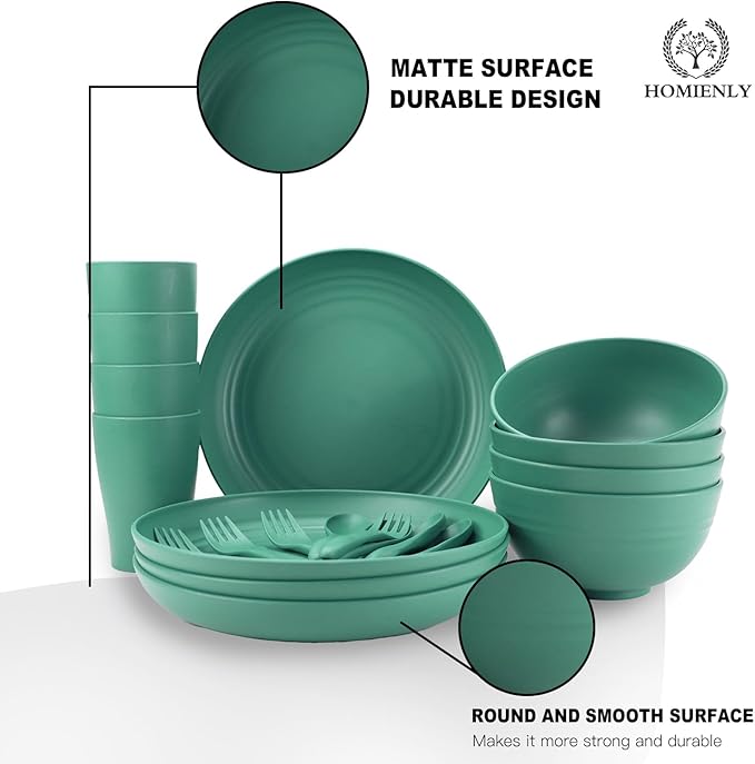 Homienly Wheat Straw Dinnerware Sets, 20pcs Unbreakable Microwave Dishwasher Safe Tableware Lightweight Bowls, Cups, Plates Set Reusable Dinner Plates Bowls set (Green)