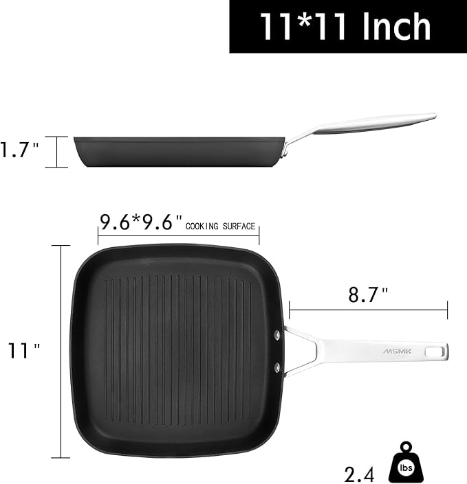 MsMk 11 Inch Induction Grill Pan, Bacon Carbonize also Nonstick, PFOA Free Non-Toxic, Stay-Cool Handle, Scratch-resistant, Induction Griddle Pan for Stove Top